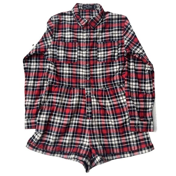 Evil Twin Women's Red Plaids Cotton Big Wednesday Playsuit Romper Size L $89 - Picture 16 of 16